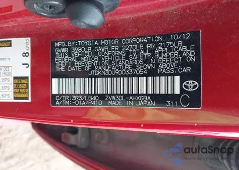 2013 Toyota Prius Four z USA, uszkodzony, nr VIN JTDKN3DU9D0337054